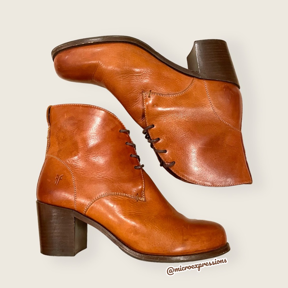 Frye Kendall Chukka Real Cognac Brown Leather Short Lace Up Heeled Ankle Boots - Picture 4 of 12